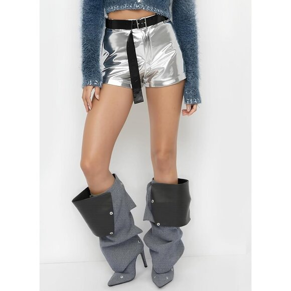 Women's Denim Blue Detachable Snap Off Pointed Toe Shark Knee High Heels Boots - Picture 3 of 7